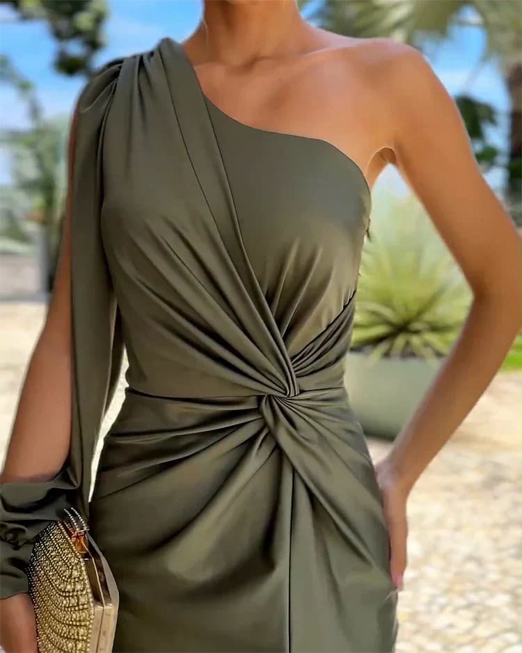 Elodie Yarborough One Shoulder Ruched Slit Wedding Guest Maxi Dress