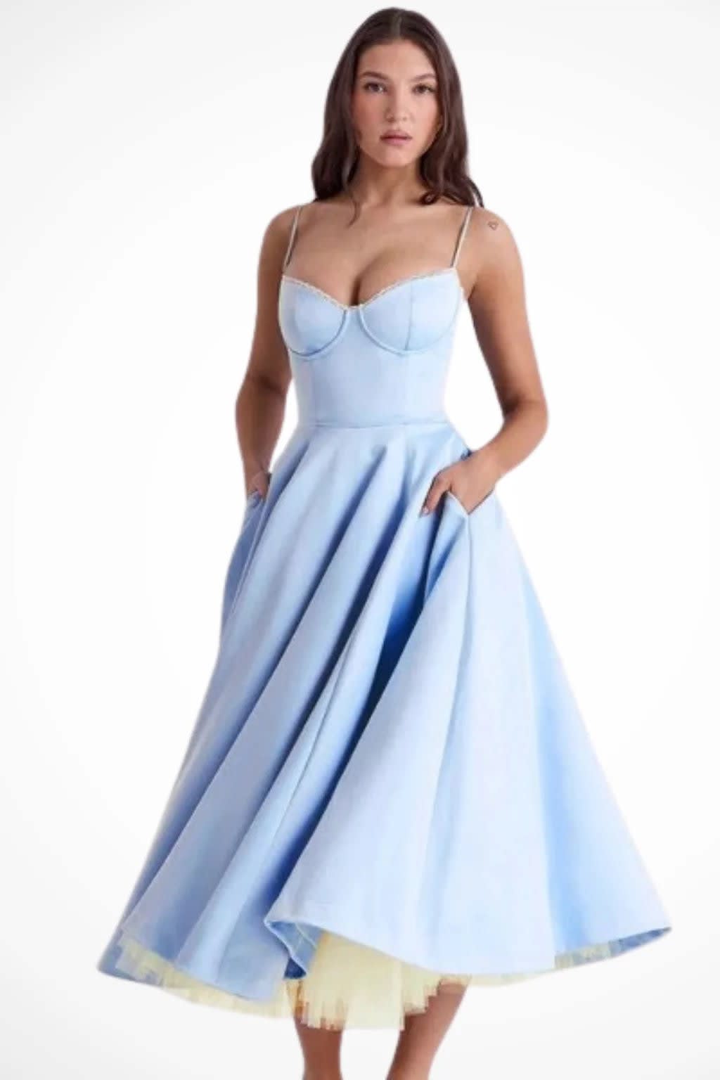 Tamsin Corset Wedding Guest Midi Dress with Spaghetti Straps