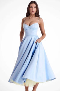 Tamsin Corset Wedding Guest Midi Dress with Spaghetti Straps