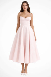 Tamsin Corset Wedding Guest Midi Dress with Spaghetti Straps