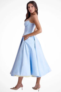 Tamsin Corset Wedding Guest Midi Dress with Spaghetti Straps