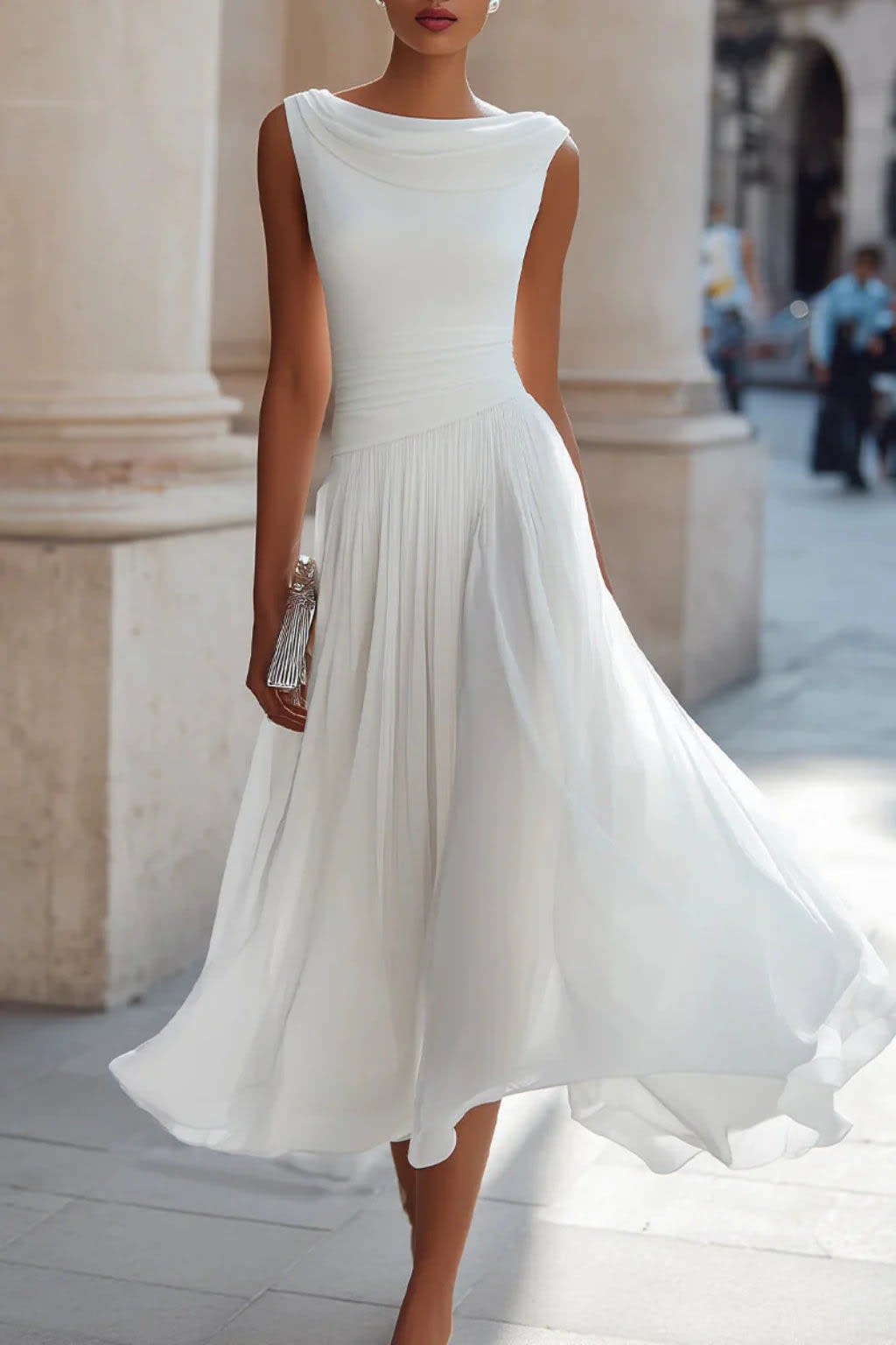 Annabelle Cowl Neck Flowy Wedding Guest Midi Dress