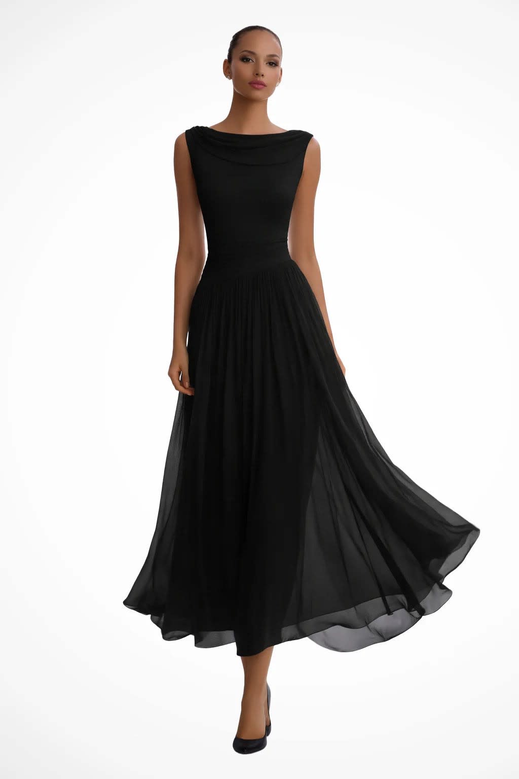 Annabelle Cowl Neck Flowy Wedding Guest Midi Dress_7