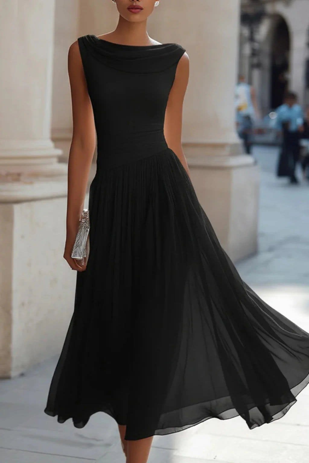Annabelle Cowl Neck Flowy Wedding Guest Midi Dress
