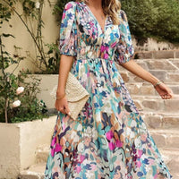 Felicity Floral Print Wedding Guest Midi Dress with Balloon Sleeves