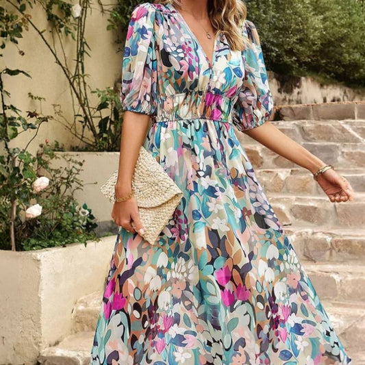 Felicity Floral Print Wedding Guest Midi Dress with Balloon Sleeves_1