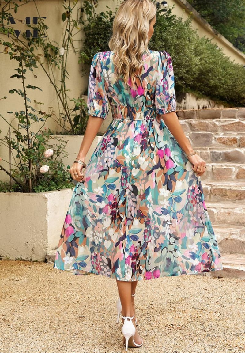 Felicity Floral Print Wedding Guest Midi Dress with Balloon Sleeves