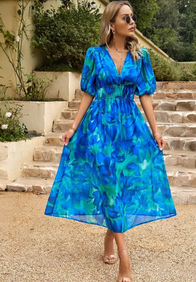 Felicity Floral Print Wedding Guest Midi Dress with Balloon Sleeves
