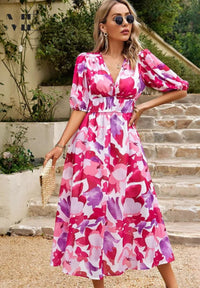 Felicity Floral Print Wedding Guest Midi Dress with Balloon Sleeves
