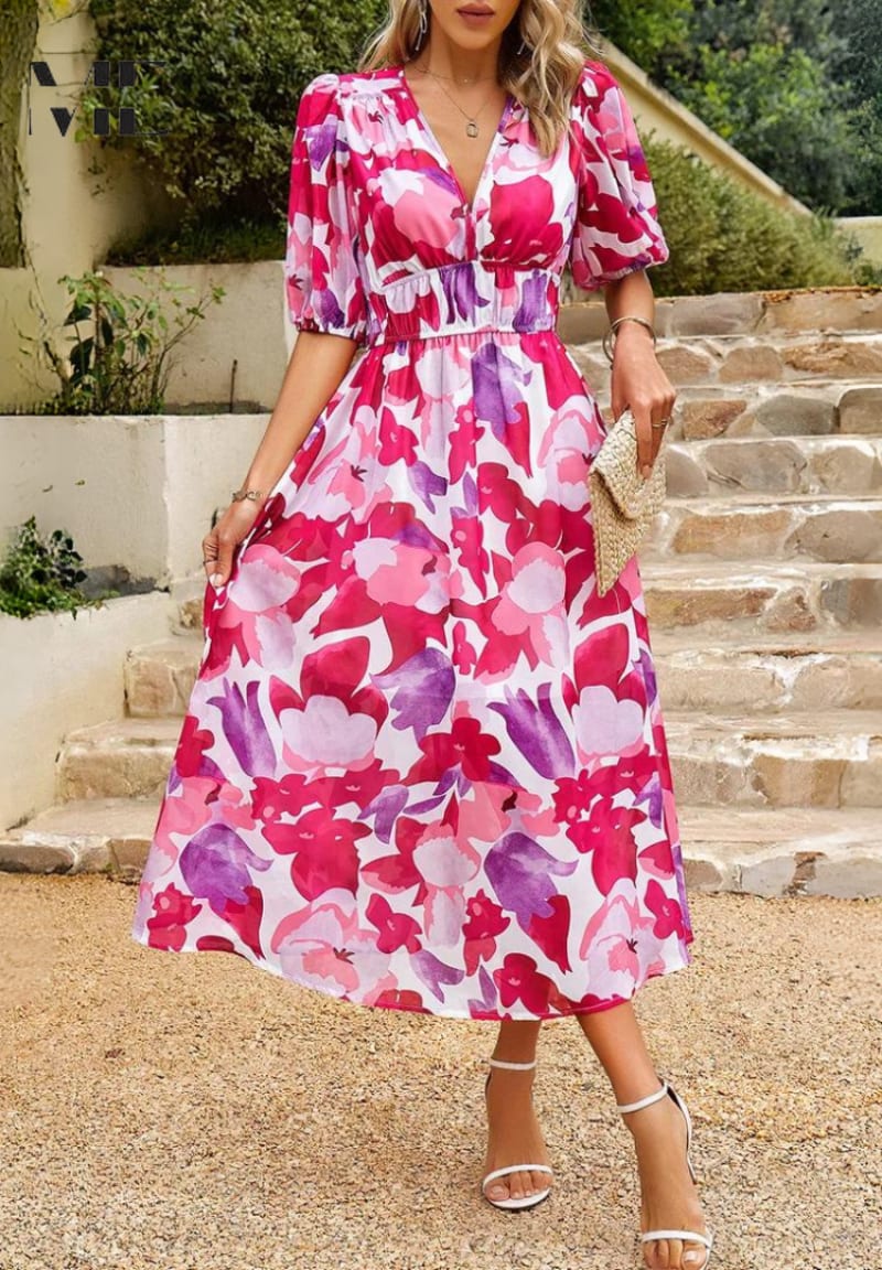 Felicity Floral Print Wedding Guest Midi Dress with Balloon Sleeves_8