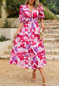 Felicity Floral Print Wedding Guest Midi Dress with Balloon Sleeves