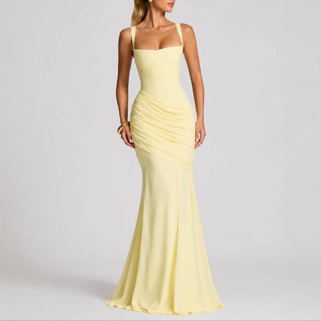 Antonella Ruched Square Neck Maxi Wedding Guest Dress