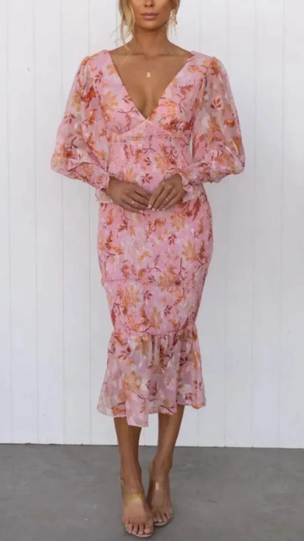 Ariana Floral Wedding Guest V-Neck Puff Sleeve Shirred Midi Dress