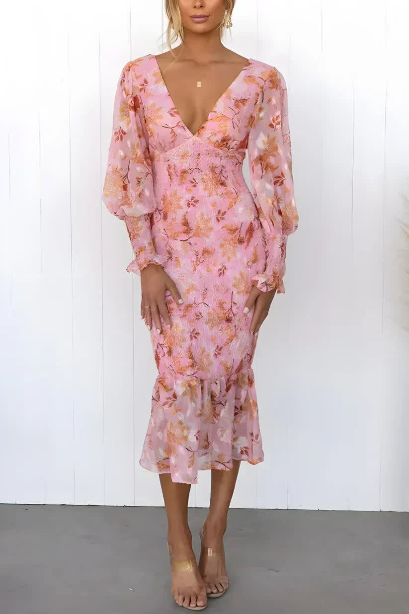 Ariana Floral Wedding Guest V-Neck Puff Sleeve Shirred Midi Dress