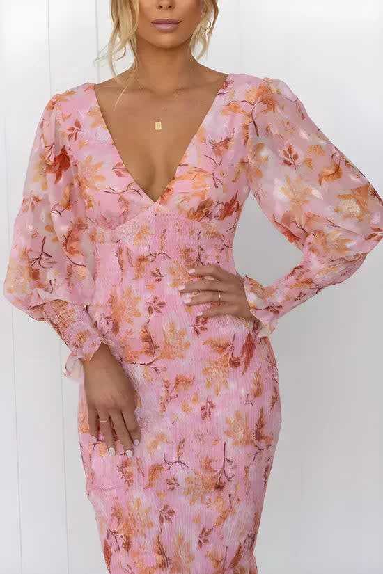 Ariana Floral Wedding Guest V-Neck Puff Sleeve Shirred Midi Dress_3