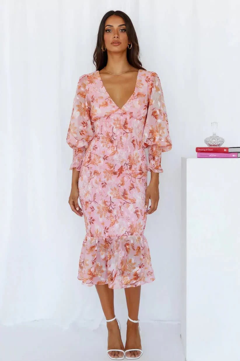 Ariana Floral Wedding Guest V-Neck Puff Sleeve Shirred Midi Dress