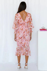 Ariana Floral Wedding Guest V-Neck Puff Sleeve Shirred Midi Dress