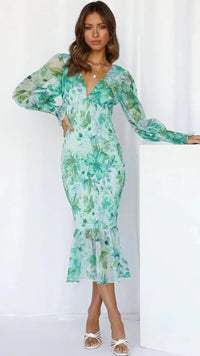 Ariana Floral Wedding Guest V-Neck Puff Sleeve Shirred Midi Dress