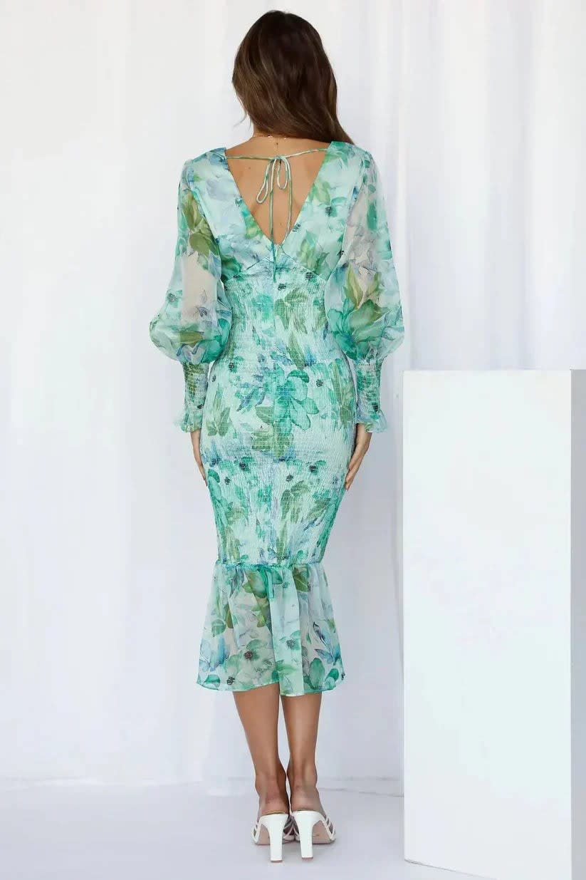 Ariana Floral Wedding Guest V-Neck Puff Sleeve Shirred Midi Dress_7