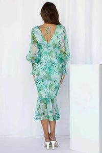 Ariana Floral Wedding Guest V-Neck Puff Sleeve Shirred Midi Dress
