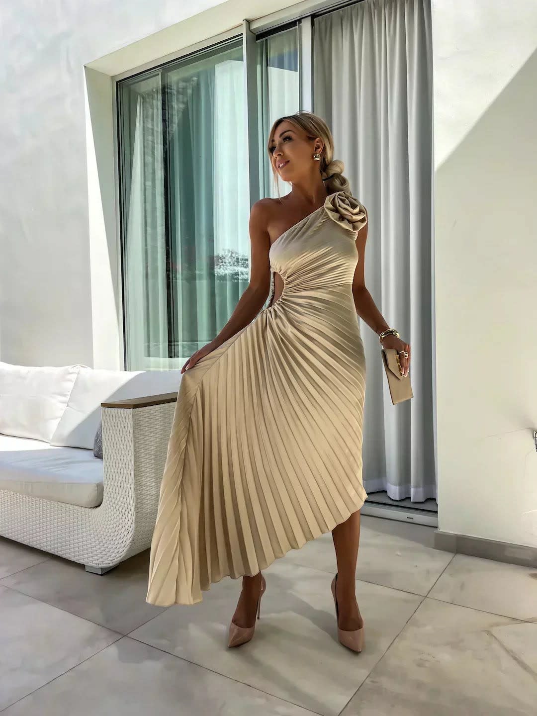 Briar Wedding Guest One-Shoulder Pleated Midi Dress