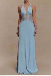 Noelle Halterneck Wedding Guest Maxi Dress with Plunge Neckline