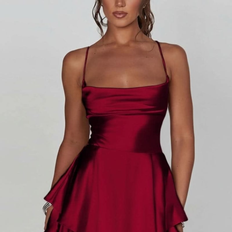 Daphne Pemberton Satin Ruched Ruffle Homecoming Dress_1