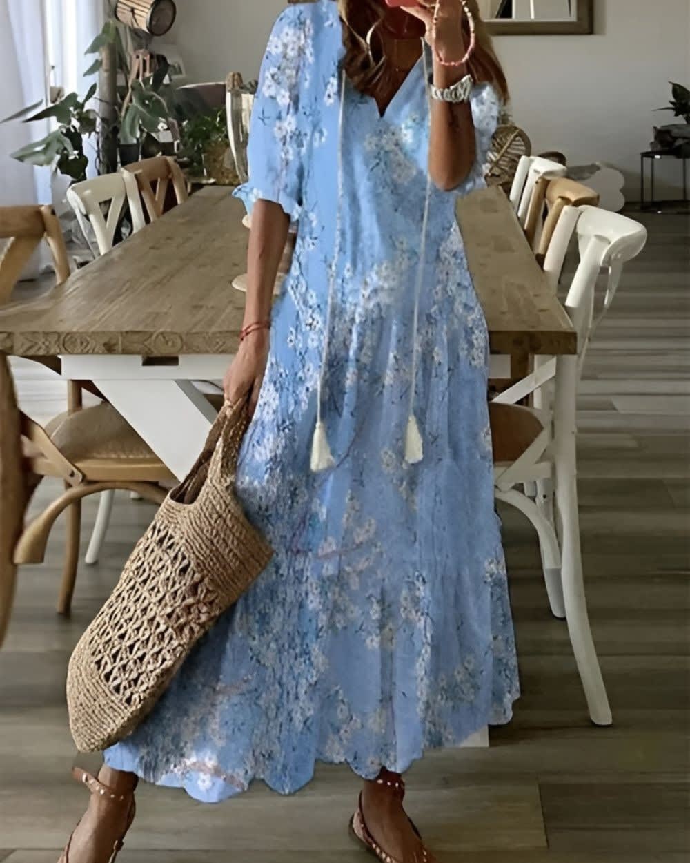 Nova Ikat Print V-Neck Maxi Dress