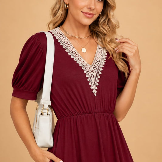 Larissa V-Neck Crochet Trim Puff Sleeve Dress_1