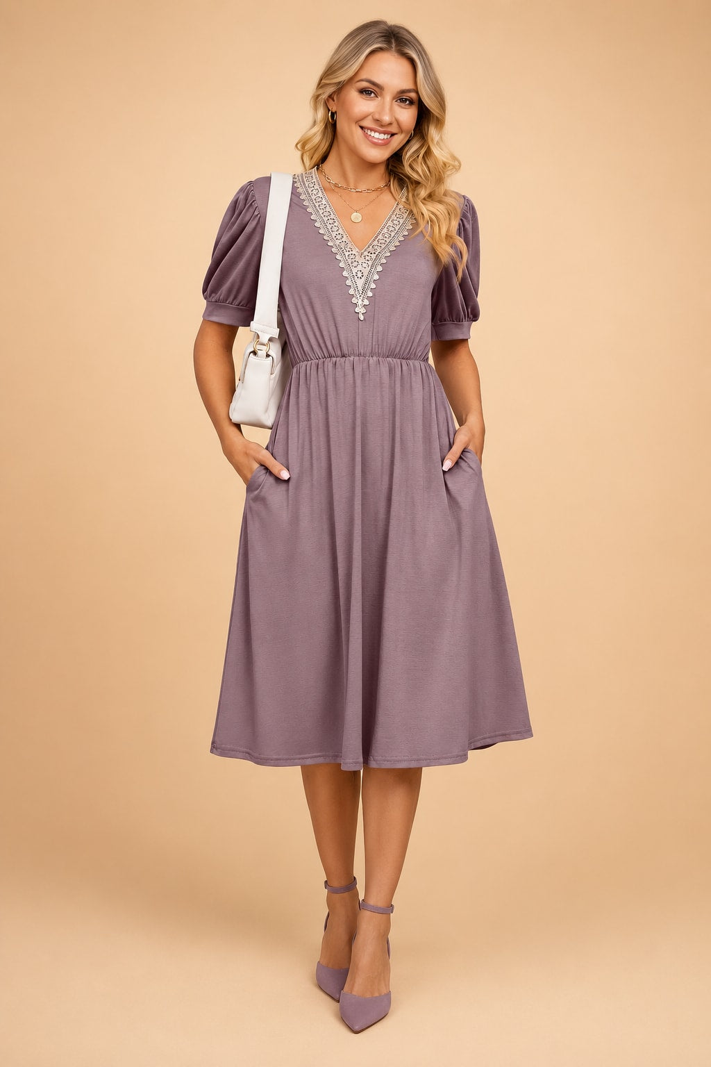 Larissa V-Neck Crochet Trim Puff Sleeve Dress_3