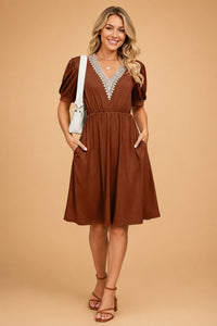 Larissa V-Neck Crochet Trim Puff Sleeve Dress
