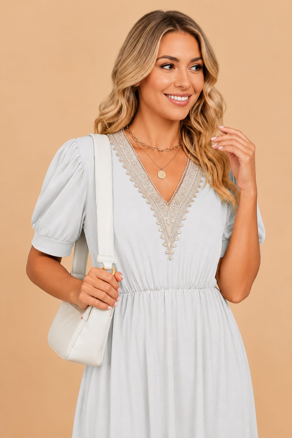 Larissa V-Neck Crochet Trim Puff Sleeve Dress