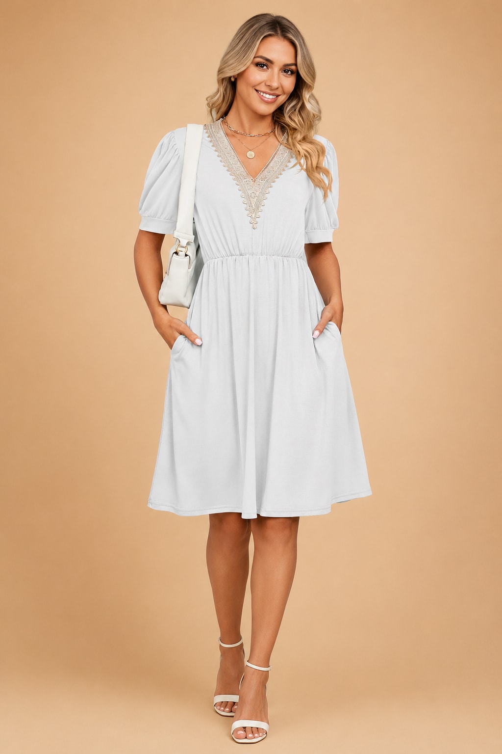 Larissa V-Neck Crochet Trim Puff Sleeve Dress