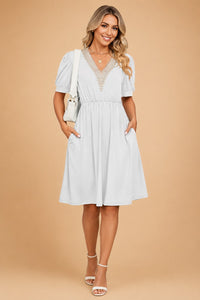Larissa V-Neck Crochet Trim Puff Sleeve Dress