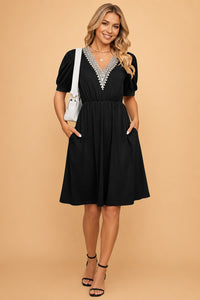 Larissa V-Neck Crochet Trim Puff Sleeve Dress