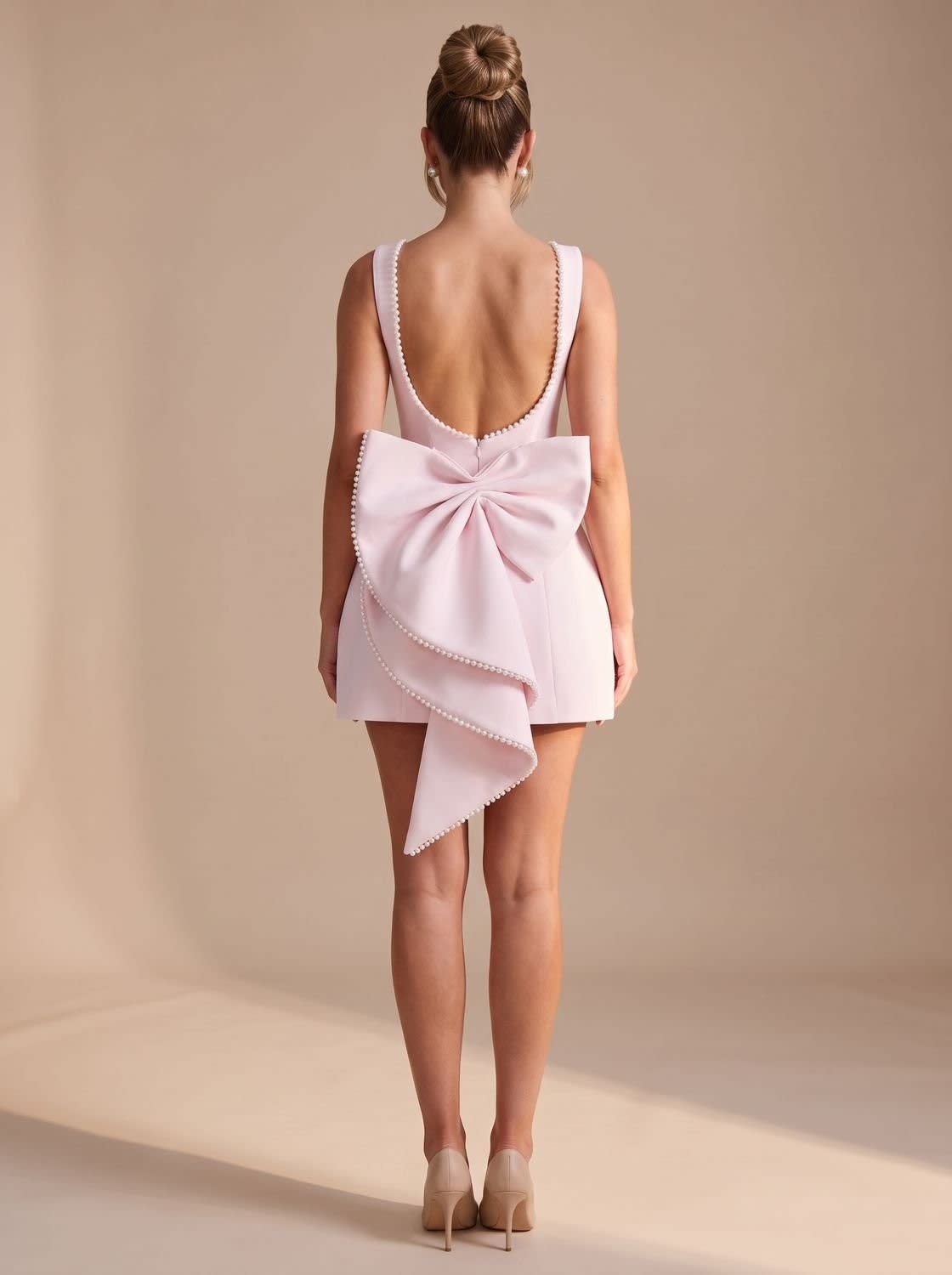 Cassandra Pearl Trim Bow Backless Party Mini Dress_5