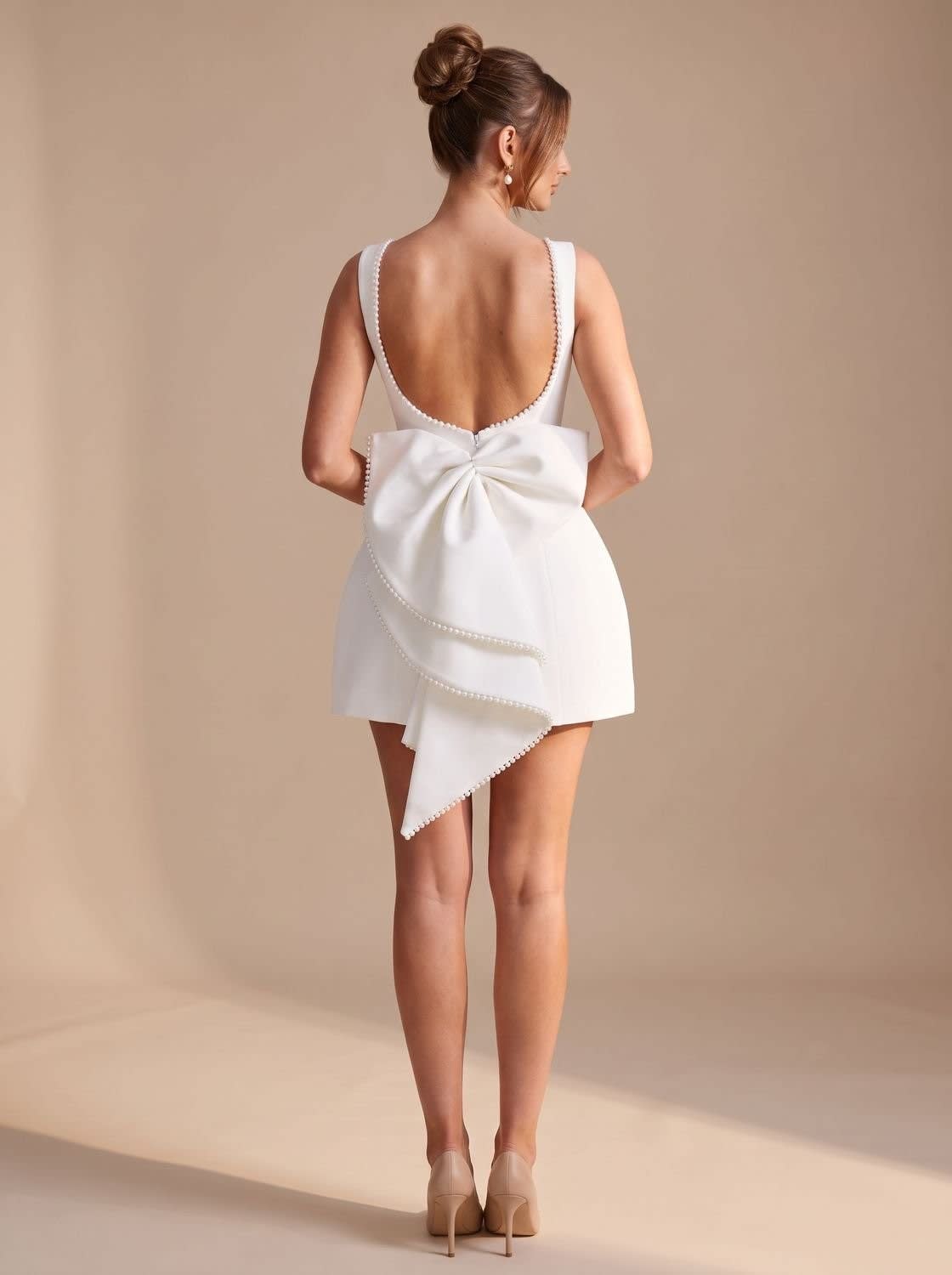 Cassandra Pearl Trim Bow Backless Party Mini Dress_6