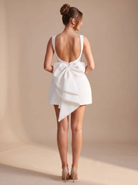 Cassandra Pearl Trim Bow Backless Party Mini Dress