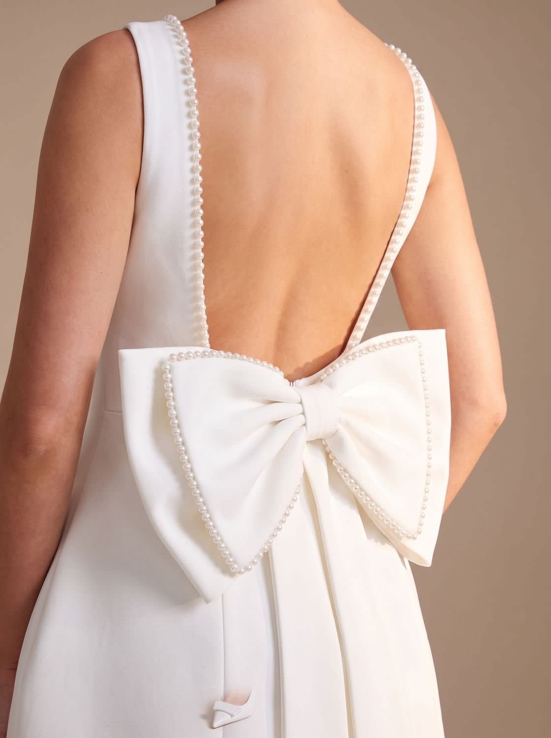 Cassandra Pearl Trim Bow Backless Party Mini Dress