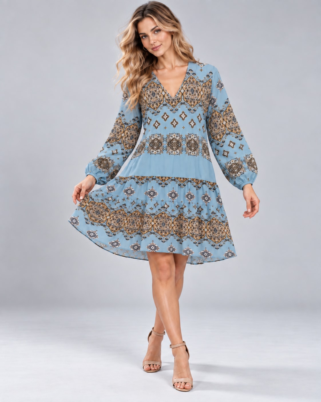 Ashlyn Boho Print V-Neck Puff Sleeve Tiered Midi Dress_1