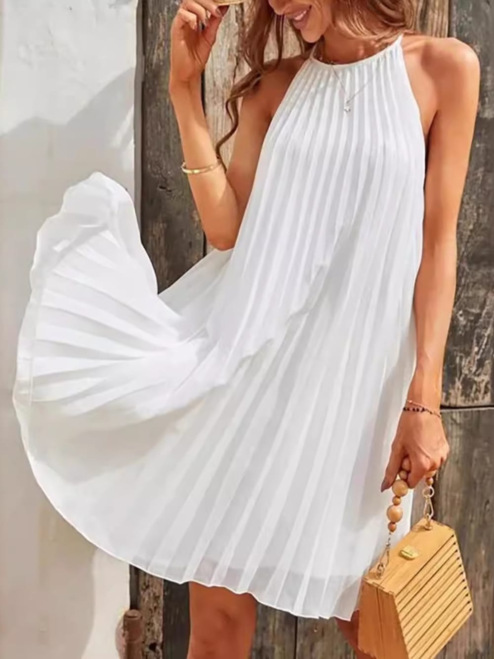Despina Pleated Halter Summer Mini Dress_1