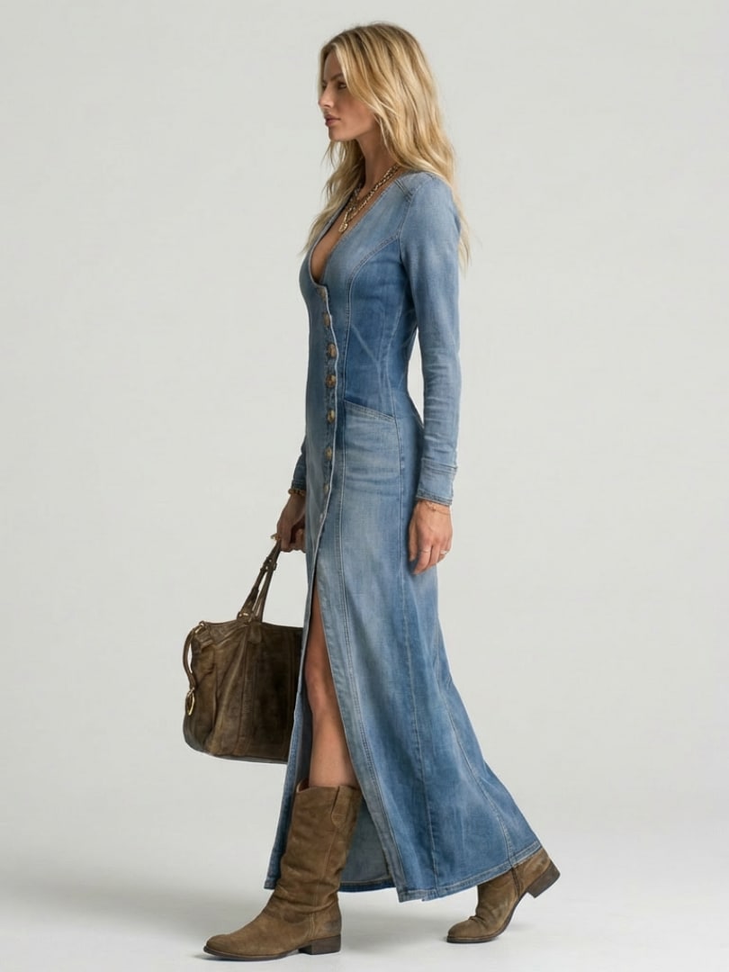 Jessica Button Front Denim Maxi Dress