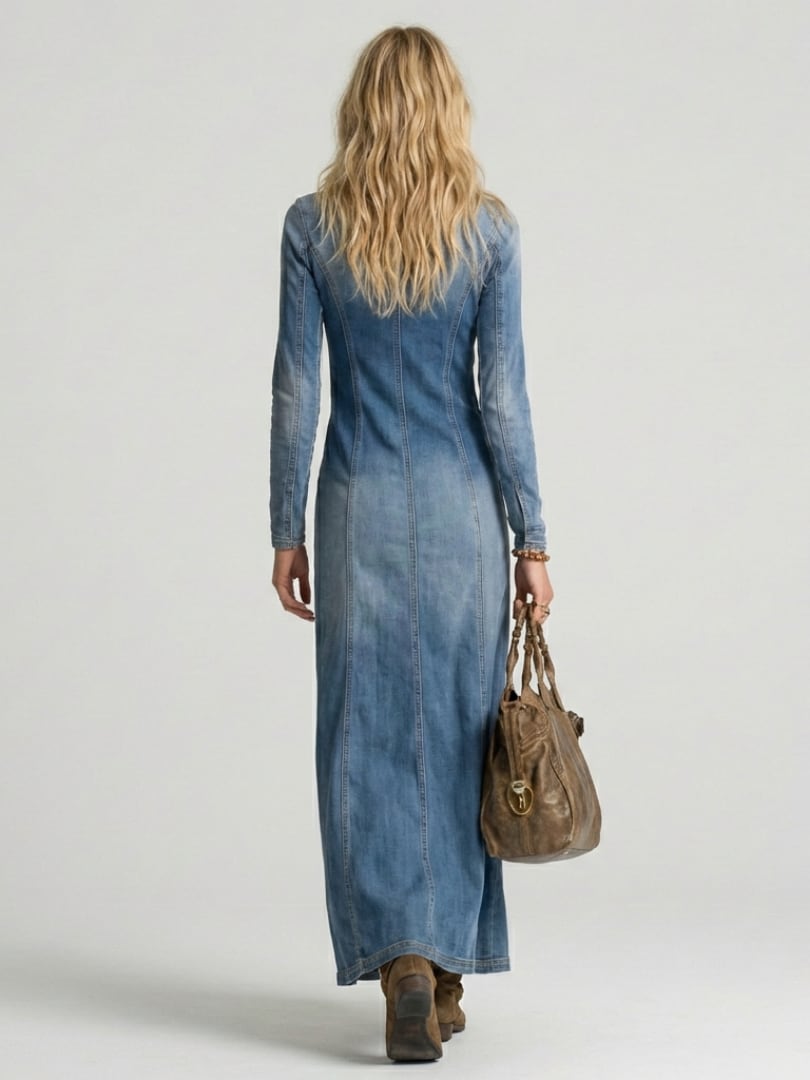 Jessica Button Front Denim Maxi Dress