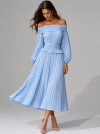 Maddison Wedding Guest Off-Shoulder Pleated Midi Dress