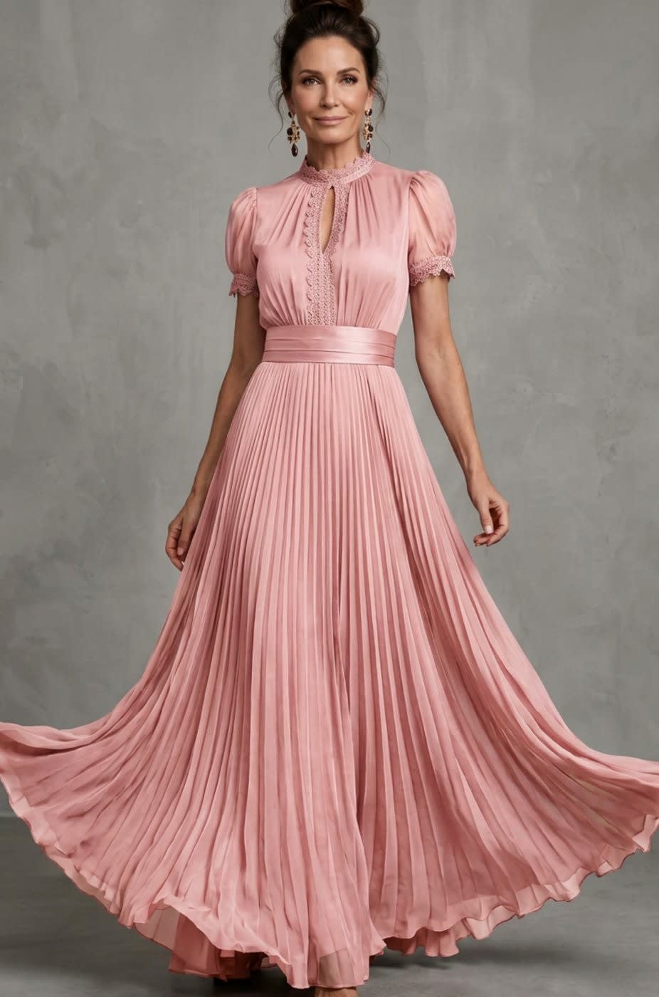 Valerie Lace Trim Puff Sleeve Pleated Maxi Dress