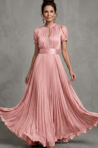 Valerie Lace Trim Puff Sleeve Pleated Maxi Dress
