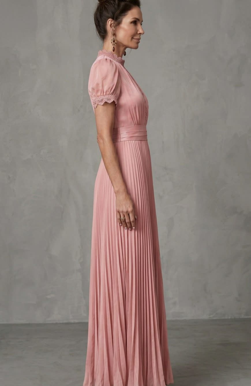 Valerie Lace Trim Puff Sleeve Pleated Maxi Dress