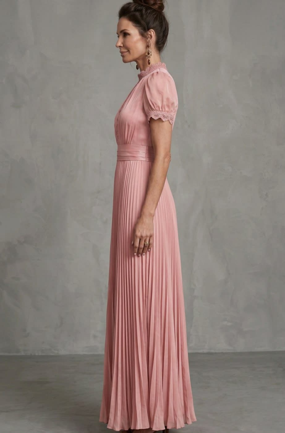 Valerie Lace Trim Puff Sleeve Pleated Maxi Dress