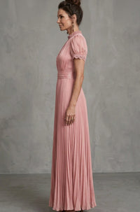 Valerie Lace Trim Puff Sleeve Pleated Maxi Dress