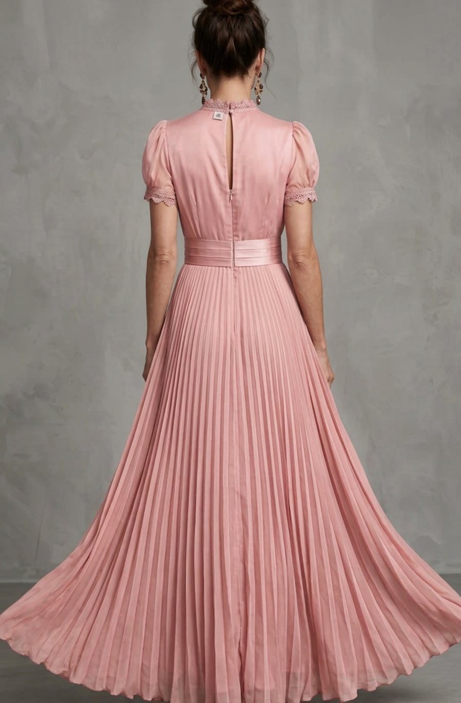 Valerie Lace Trim Puff Sleeve Pleated Maxi Dress